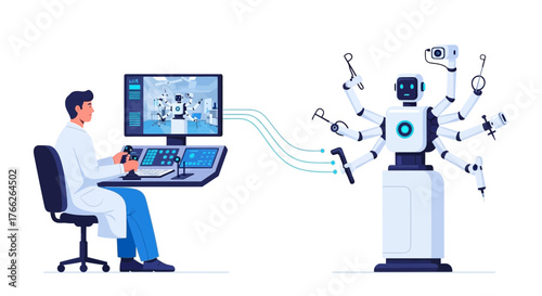 Medical professional uses cutting-edge robotic surgery in a modern operating room, showcasing innovation and precision for healthcare advancements and surgical breakthroughs
