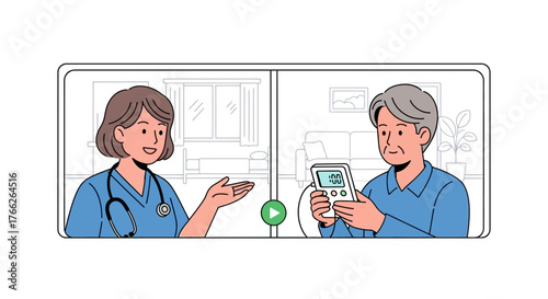 Doctor virtually consults senior man about health, providing care and support using telehealth technology, promoting wellness and peace of mind during recovery