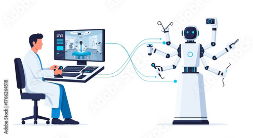 Surgeon remotely operating robotic assistant with advanced technology, showcasing the future of medicine and precision surgery with innovative tools
