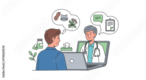 Worried patient consults doctor online about allergies, seeking expert medical advice and treatment during convenient telehealth appointment from home