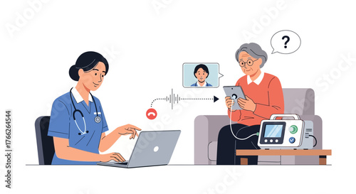 Compassionate nurse offering telemedicine consult to senior patient with home medical device, promoting remote healthcare and virtual doctor visits with easy technology