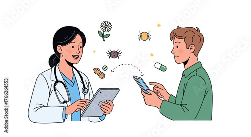 Allergist consultation with patient using telehealth, discussing common allergens like pollen, dust mites, peanuts, and medication for effective allergy relief