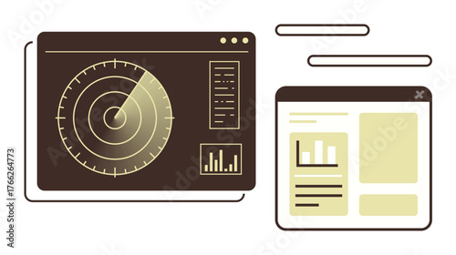 Radar screen with data tracking, analytics dashboard with charts, and floating interface elements. Ideal for technology, surveillance, data analysis, strategy, business intelligence, monitoring
