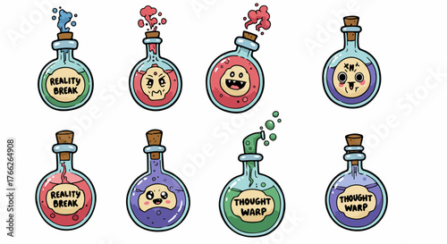 Colorful potion bottles with whimsical faces