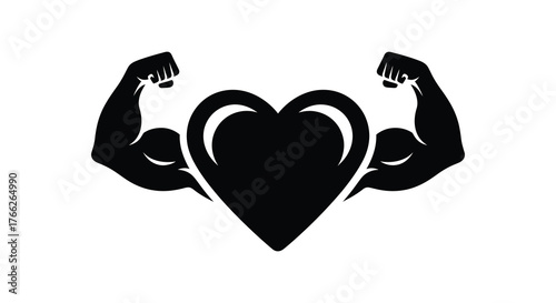 Strong heart silhouette with flexing biceps representing health strength and fitness silhouette