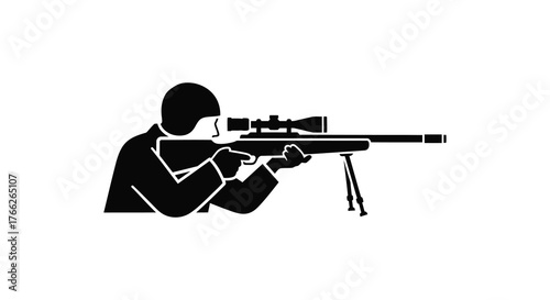 A lone sniper in silhouette aiming a rifle with a scope and bipod representing focus and precision silhouette