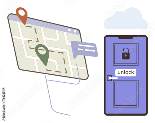 Digital map interface with location pins and chat bubble connected to a locked door with unlock label. Ideal for navigation, security, technology, connectivity, smart living, remote access, control
