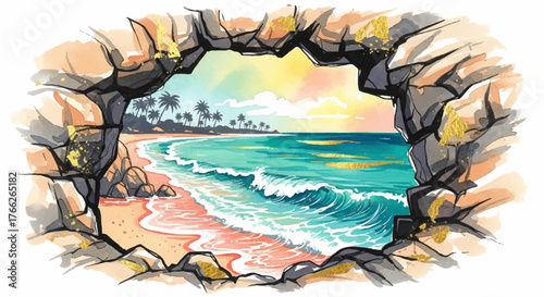 Modern watercolor illustration a vibrant tropical beach through a rock cave. Serene waves, colorful sky, and palm trees create a picturesque coastal view