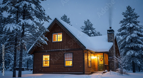 Cozy cabin in the woods during a snowy winter night with warm lights
