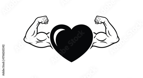 Black silhouette of a strong heart with flexed muscular arms symbolizing health and fitness silhouette