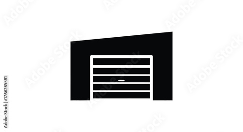 Simple black silhouette of a modern garage door with a slanted roof on a white background