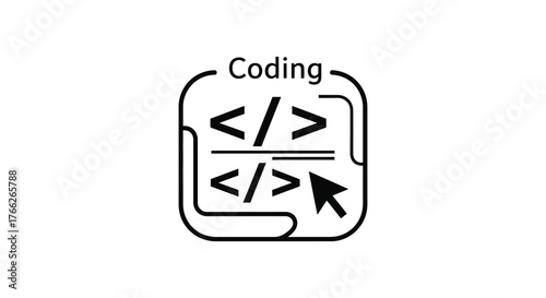 Abstract graphic representation of coding and programming with code symbols and cursor in a rounded square frame silhouette
