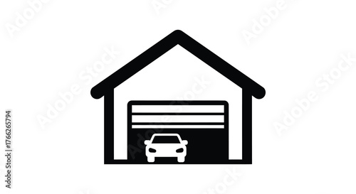 Simple black and white graphic icon representing a house with an open garage door and a car inside silhouette