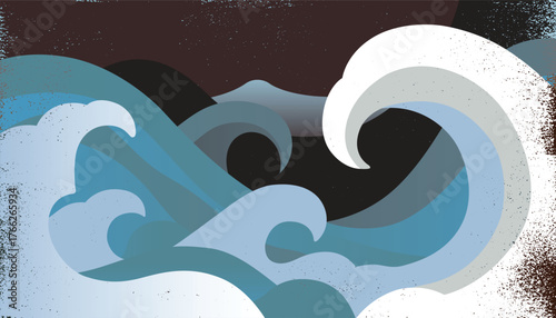 Dynamic Japanese papercut wave illustration in layered blues and white with textured details. Inspired by traditional ukiyo-e, this bold ocean design has a modern abstract flair.