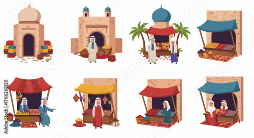Middle Eastern market scene with merchants and stalls