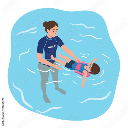 Joyful 2D flat vector illustration showing a female swim instructor patiently helping a young child learn fundamental floating skills on their back in a clear blue pool.