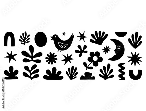 Celestial Harmony Playful Icons of Nature, Moon, Bird, Stars, and Abstract Shapes in Vector Design