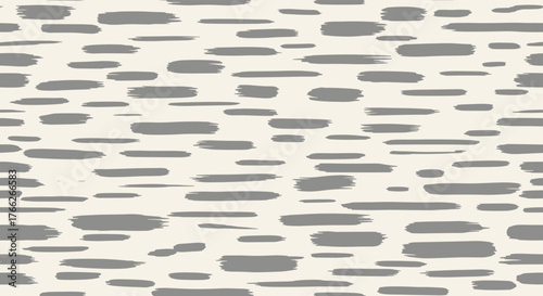 Abstract seamless pattern with hand-drawn horizontal brush strokes in gray on an off-white background creates a modern and textured surface design.