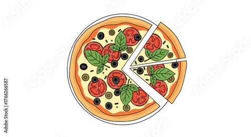 Cartoon illustration of a pizza with tomatoes, olives, basil and two slices cut out of it on a white background.