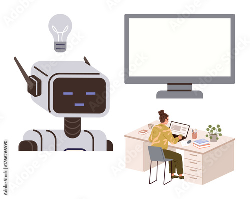 Robot with antenna and lightbulb, woman working on a laptop at a desk, and blank screen symbolize AI, learning, creativity, and work. Ideal for innovation, AI, collaboration problem-solving