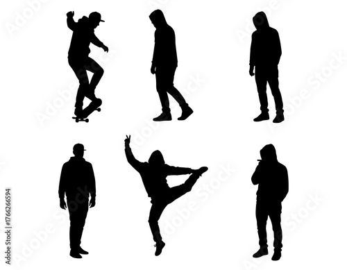 Silhouettes of People Skateboarder, Dancer, and Figures in Various Poses Representing Lifestyle
