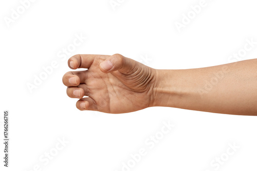 man hand holding something like a bottle on white background