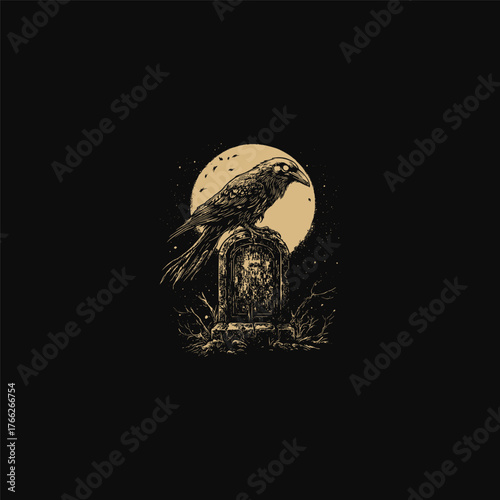 Vintage engraving style illustration of a raven on a gravestone under a full moon. Dark and spooky vector sketch for Halloween, horror, or gothic themed design