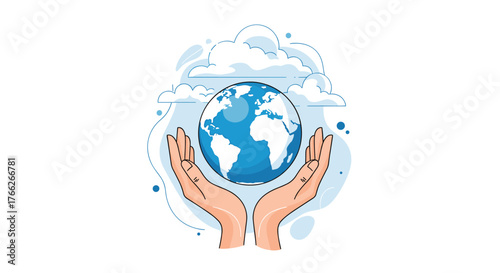 Cartoon-style hands holding up planet Earth amidst white clouds representing ecological care, environmentalism, and global protection concepts.