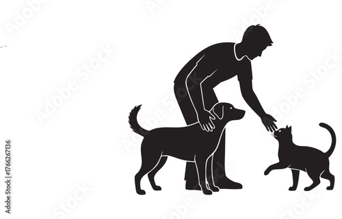 Man Petting Dog and Cat - Animal Lover & Pet Care