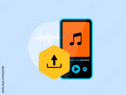 Online music distribution concept. Artist reach with seamless digital uploads, global streaming access and innovative platform tools for content sharing and audience growth. Vector illustration