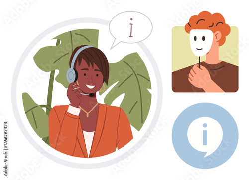 Customer service woman with headset providing help surrounded by icons of information and identity. Ideal for customer support, online security, fraud prevention, anonymity, communication, trust
