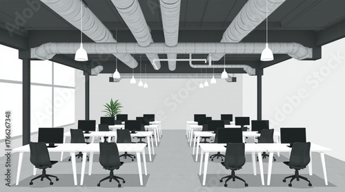 Modern office space with rows of desks and computers