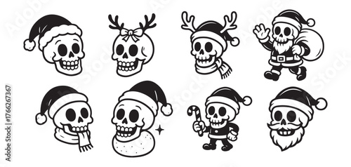 Spooky cute Christmas skulls with Santa hats and reindeer antlers for holiday designs and playful festive projects this winter season