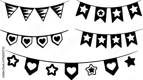 Black and White Doodle Bunting Flags with Stars and Hearts for Celebrations