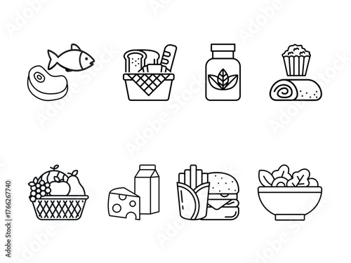 Food nutrition icon set. Healthy food & wellness symbols. Thin line icons for healthy eating, food categories, diet balance, ingredients, meals, fresh produce, and nutrition plans.