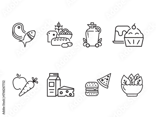 Food nutrition icon set. Healthy food & wellness symbols. Thin line icons for healthy eating, food categories, diet balance, ingredients, meals, fresh produce, and nutrition plans.