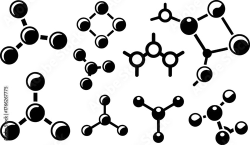 Collection of Black and White Molecular Structure Icons on White Background