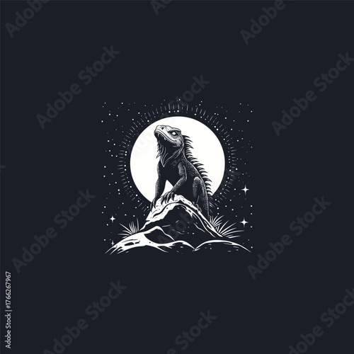 Vintage engraving style illustration of an iguana or lizard on a rock under the starry night sky and full moon. Detailed hand-drawn sketch of the reptile and tropical wildlife scene