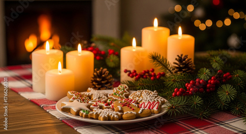 Christmas cookies and candles on table with fireplace and tree in background