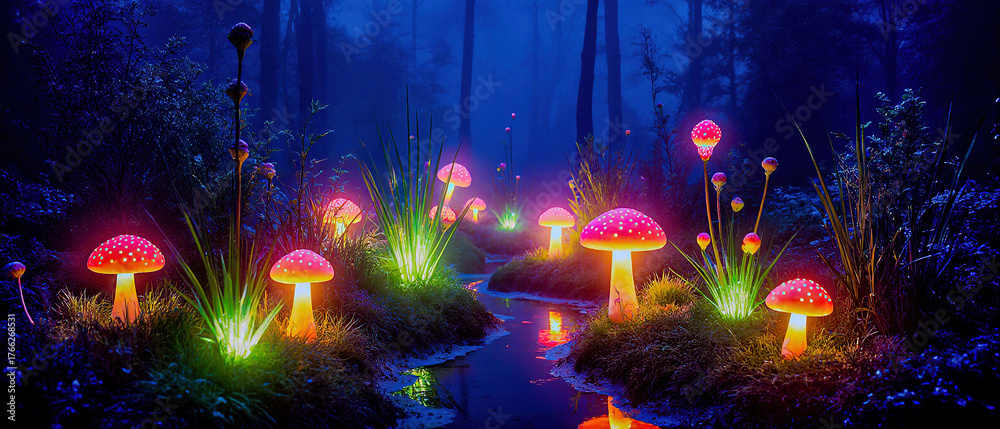 Obraz premium Garden plants emitting neon bioluminescent glows at twilight. Misty air, reflections in small puddles, glowing mushrooms and flowers, magical realism, vertical orientation.