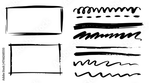 Collection of hand-drawn brush stroke elements and rectangular frames