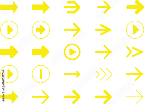 Collection of Yellow Arrow Icons and Play/Pause Symbols on White Background