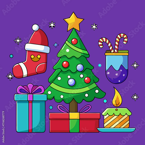 Festive christmas icons featuring a tree presents stocking and candle