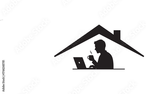 Work From Home Concept, Remote Work, Man with Laptop and Coffee Under Roof