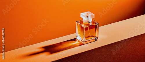 Single perfume bottle balanced perfectly on a geometric shape against a bright orange background. 