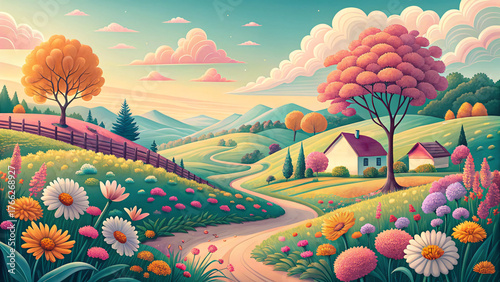 cartoon illustration of an autumn nature landscape view with colorful trees, mountains, and grass under a sunny sky