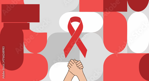 Supporting those affected by HIV/AIDS A red ribbon symbol of solidarity and hands clasped in unity, awareness concept