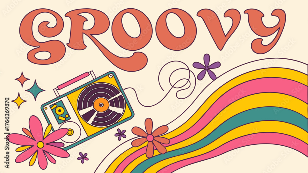 Fototapeta premium Groovy Retro Illustration: An energetic illustration showcases the word groovy, paired with a vintage radio set and a stylized wave design, evoking a sense of nostalgia, music, and carefree vibes.