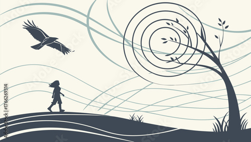 Whispers of Adventure: A young person sets off on a journey, with a soaring bird overhead and a captivating abstract design, symbolizing hope and discovery.