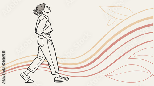 Contemplative Stroll: A woman, lost in thought, walks confidently, glancing upward. Lines depict abstract organic shapes on a soft backdrop.